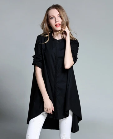 

TOPSLoose Blouse Femme Big Swing Irregular Plus Size 4XL Casual Long Sleeve Women's Shirts Pockets Two Color Stand Collar JR01