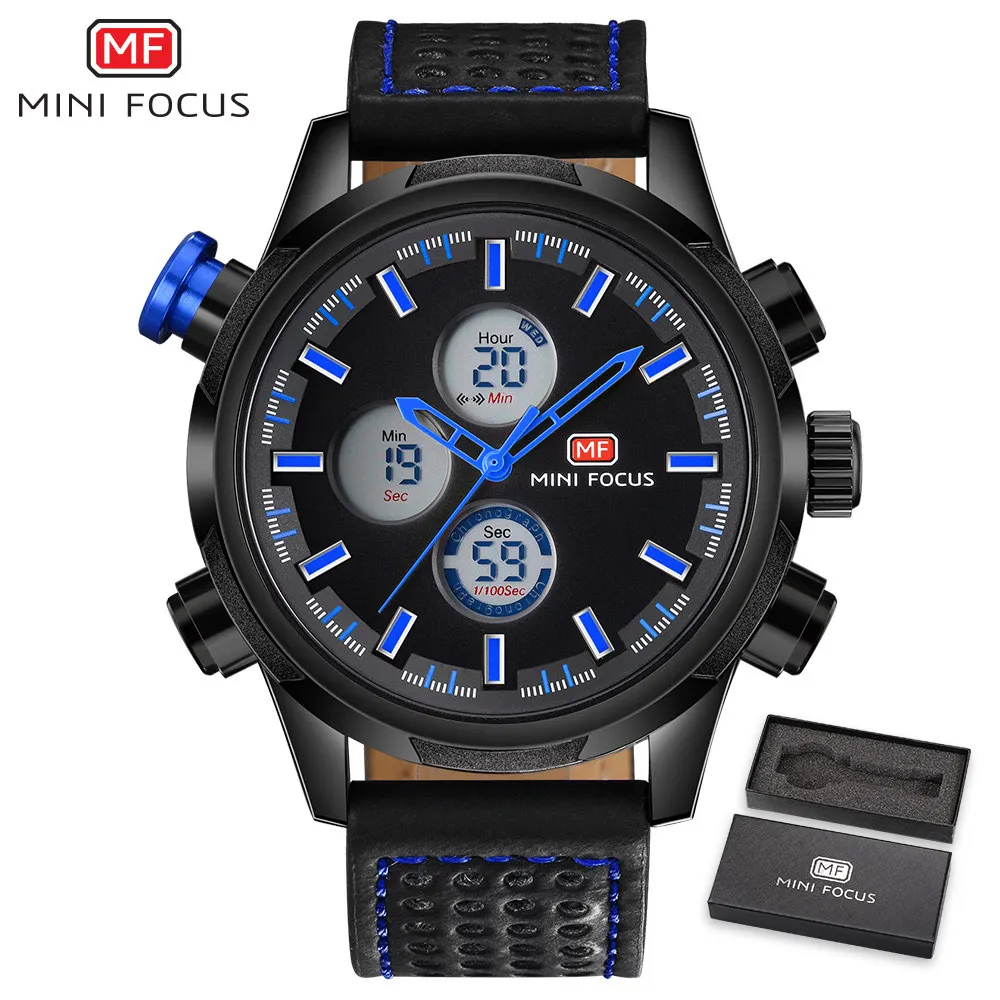 MINIFOCUS военные спортивные Dual Time Часы Для мужчин сигнализации Calendar Chronograph кожаный