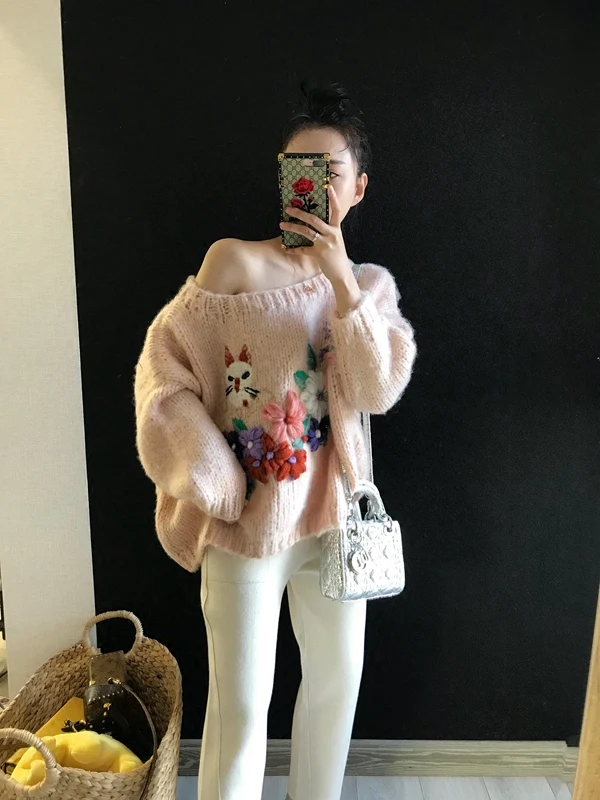 2020 Full Poncho Jumper Pullover Spring New Women's Sweater Garden For Cat Embroidery Mohair Heavy Work Leaking Shoulder Women | Женская
