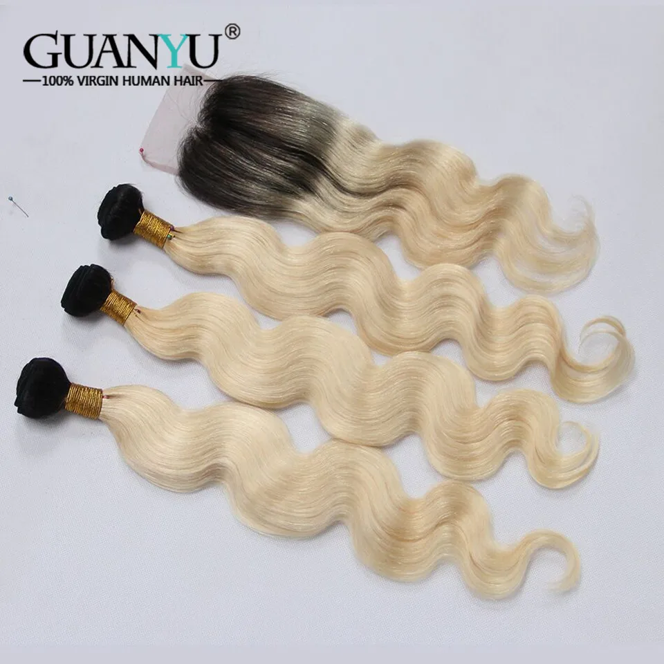 Guanyuhair Remy 1B/613 Ombre бразильской Волне Тела Пучки волос с закрытием 2 тон Черный Блондинки натуральные волосы утка с темные корни