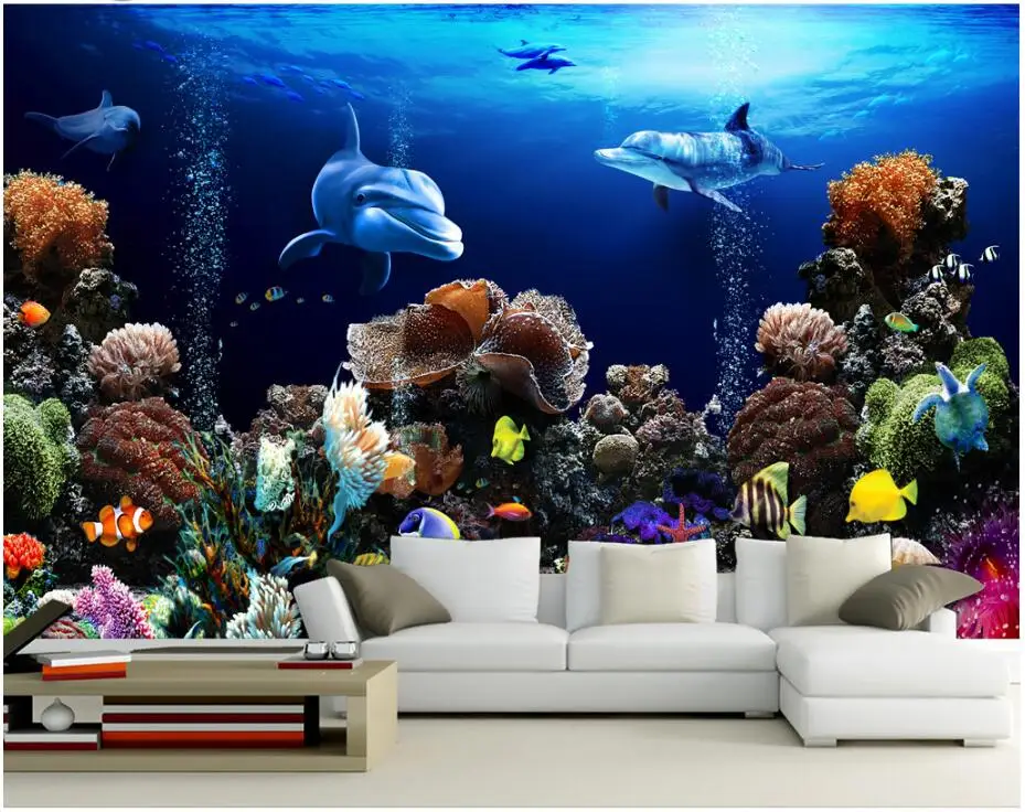 3D-обои на заказ фотообои темно-синего цвета морской дельфин коралловые рыбы