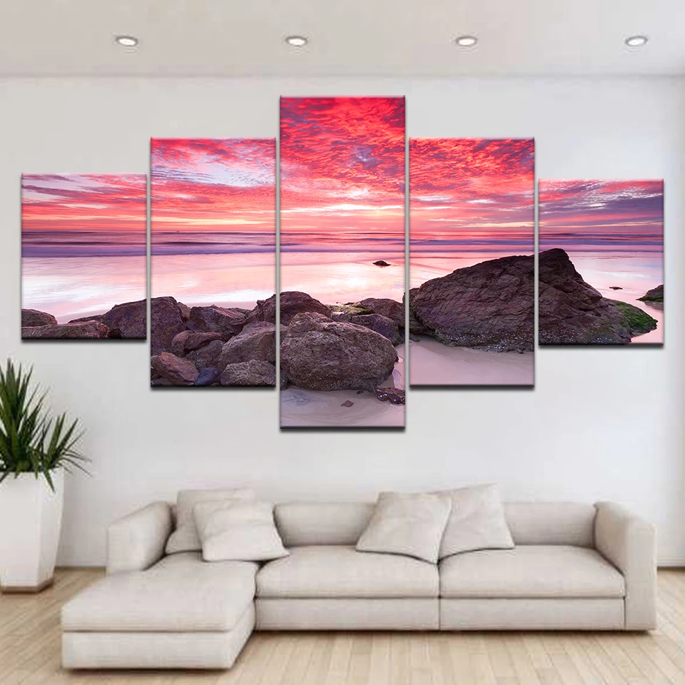 5pcs HD Printing Canvas Painting Beach Sunset Seaside Art Group Home Decor Wall Poster Modular Photos | Дом и сад