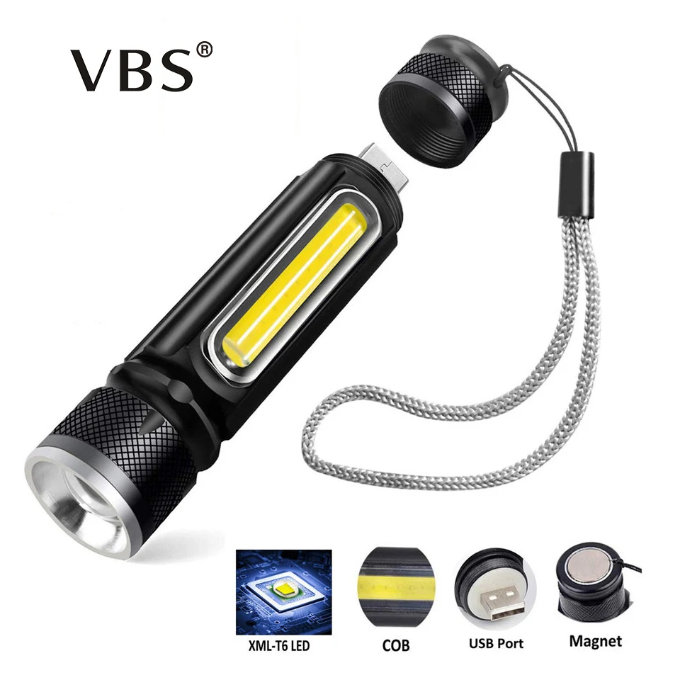 Зарядка через usb мощный фонарик 1200LM T6 COB Светодиодный проблесковый свет зум тактический фонарь лампа USB магнит Кемпинг лампы Встроенный 18650