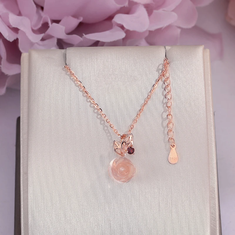 

Necklaces Pendants For Women Fine Jewelry S925 Sterling Silver Rose Quartz Natural Pink Rose Flower Gemstone Accessories CCNI025