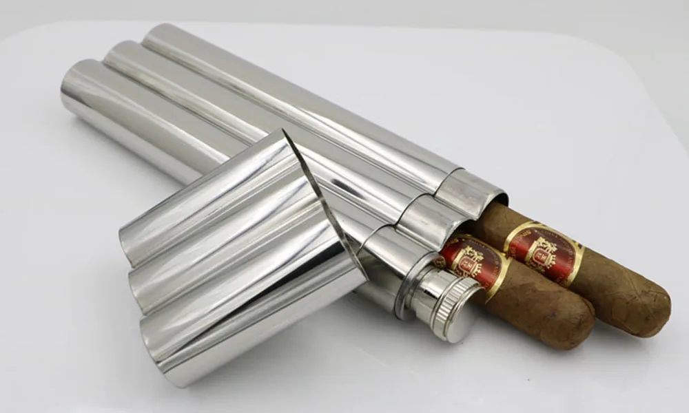 

200 pcs/lot Mirror Polished with two Cigar Tube 2 OZ Grade 304 Stainless Steel Business Man Hip Flask