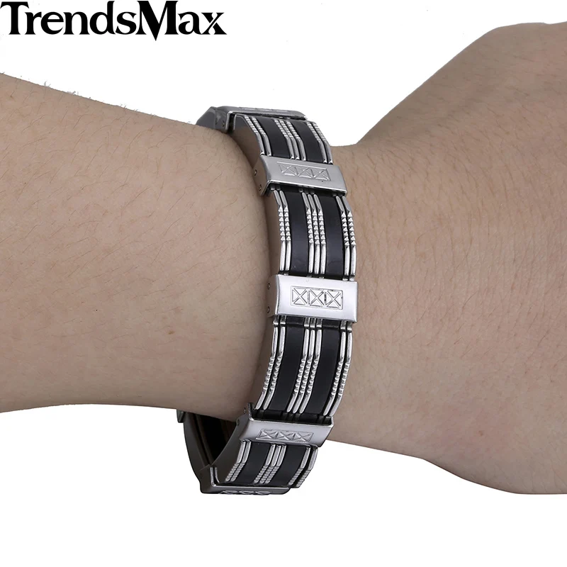 Trendsmax для мужчин браслет Резные часов звено черный серебристый цвет нержавеющая