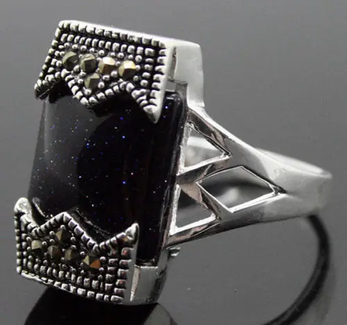 

24*13mm 925 SILVER NATURAL OBLONG BLUE SAND jade RING SIZE 7/8/9/10