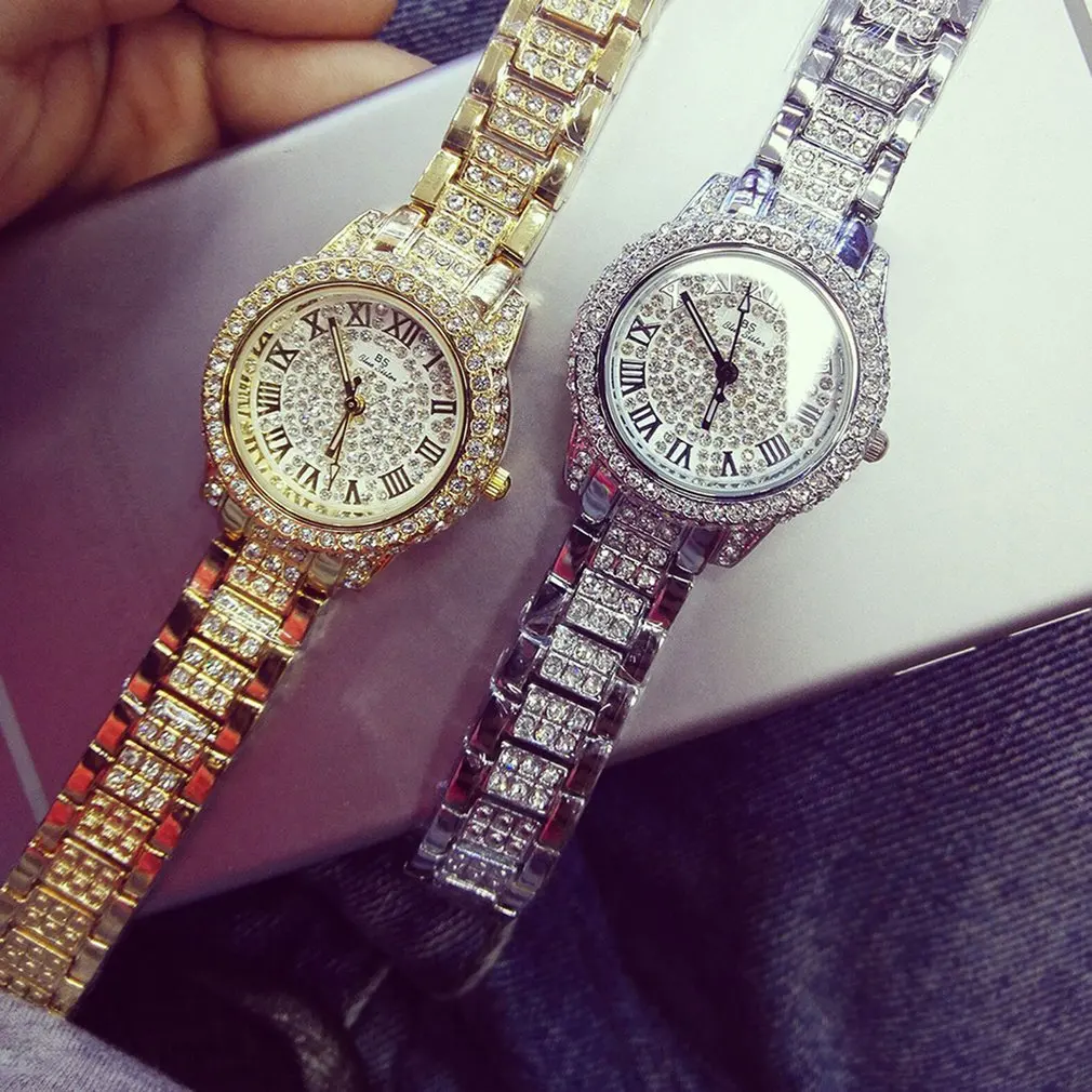 Round Dial Women's Watches With Rhinestones Alloy Band Ladies Female Quartz Movement Wristwatch | Наручные часы