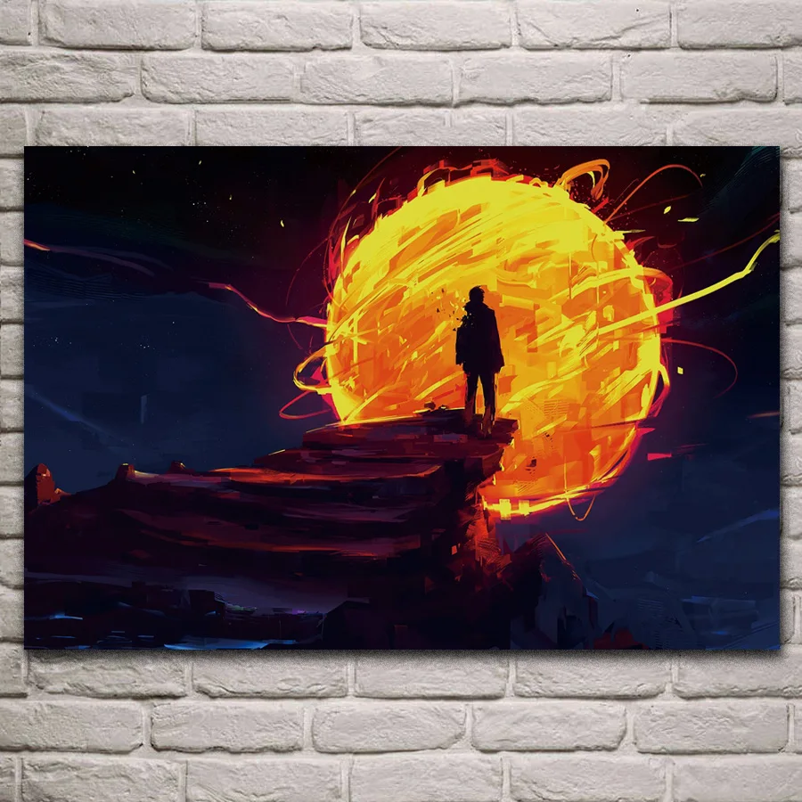 Moon Sun Фэнтези Арт силуэт мужские на скале художественные работы Декор для
