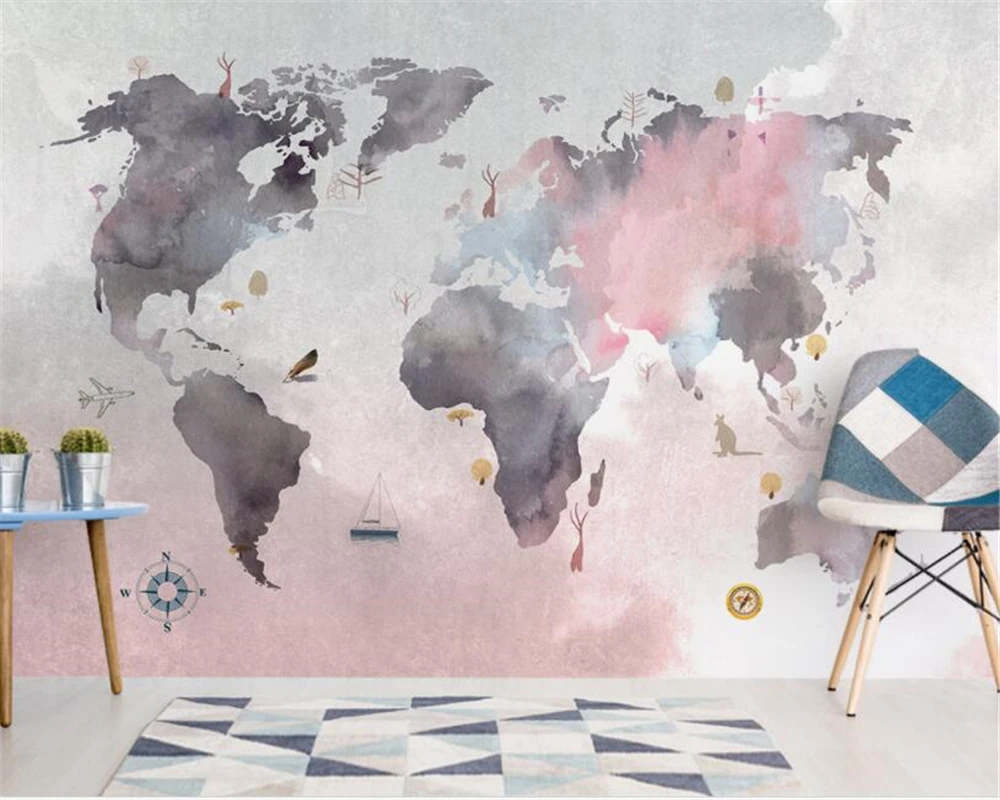 

Beibehang Custom wallpaper mural hand painted watercolor map ink abstract map background wall 3d wallpaper papel de parede
