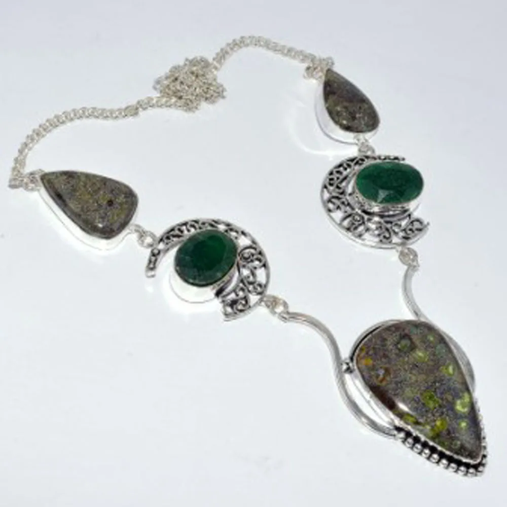 

Turtella Jaspers & Emeralds Necklace Silver Overlay over Copper, 42.5 cm , N3557