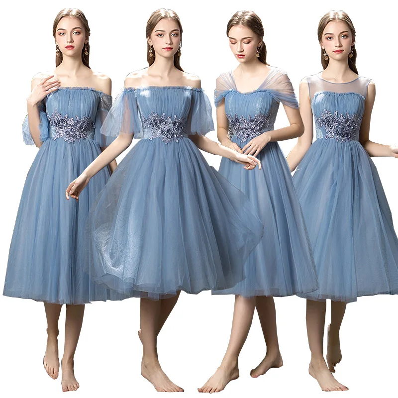 

Elegant Lace Blue Bridesmaid Dresses Short 2020 Bridesmaid Gowns Formal Wedding Occasion Prom Dress