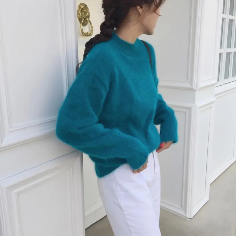Chic Soft Solid Color Woman Knit Sweaters Round Collar Loose Casual Long Sleeve Women Pullovers 2020 Autumn Winter Clothes blue | Женская