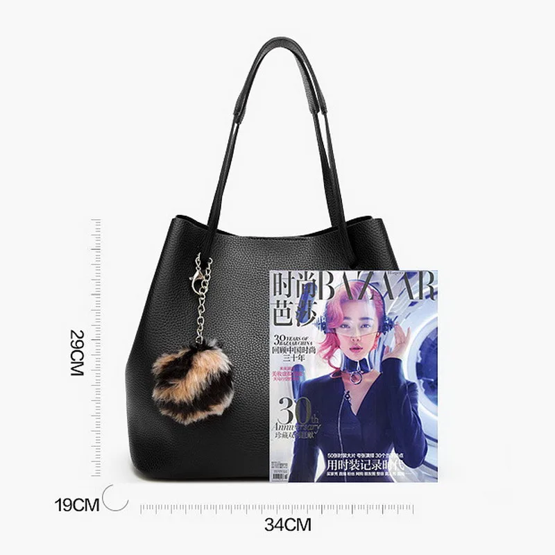 

FUNMARDI Fur Ball Pendant Women Handbags Fashion Composite Bag Vintage PU Leather Bags Warm Bucket bag Famous Women Bag WLHB1719