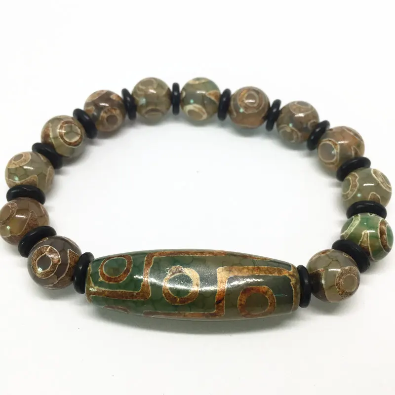 Green Natural Agate 9 eyes Pattern Tibetan Dzi Beads elastic Bracelet with Coconut Shell for women free shipping