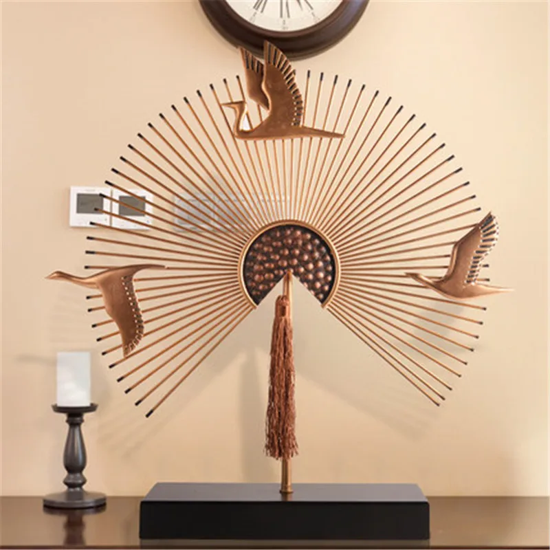 

Chinese Style Abstraction Sun Crane Sector Metal Craftwork Statue Decoration Creative Living Room Classical Ornaments X1994