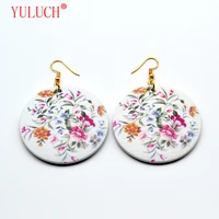yuluch 2018 fashion new wood round color printing fresh multicolor flowers for cute women jewelry accessories earrings gift
