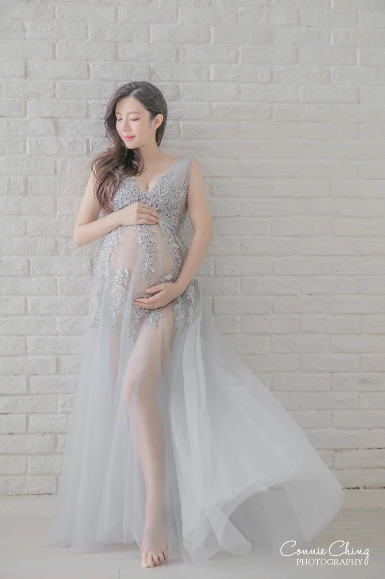 2020 New come Top Quality Pregnant Maternity Women Fashion Photography Props Romantic long Fairy  Dress Photo shoot  Gray dress