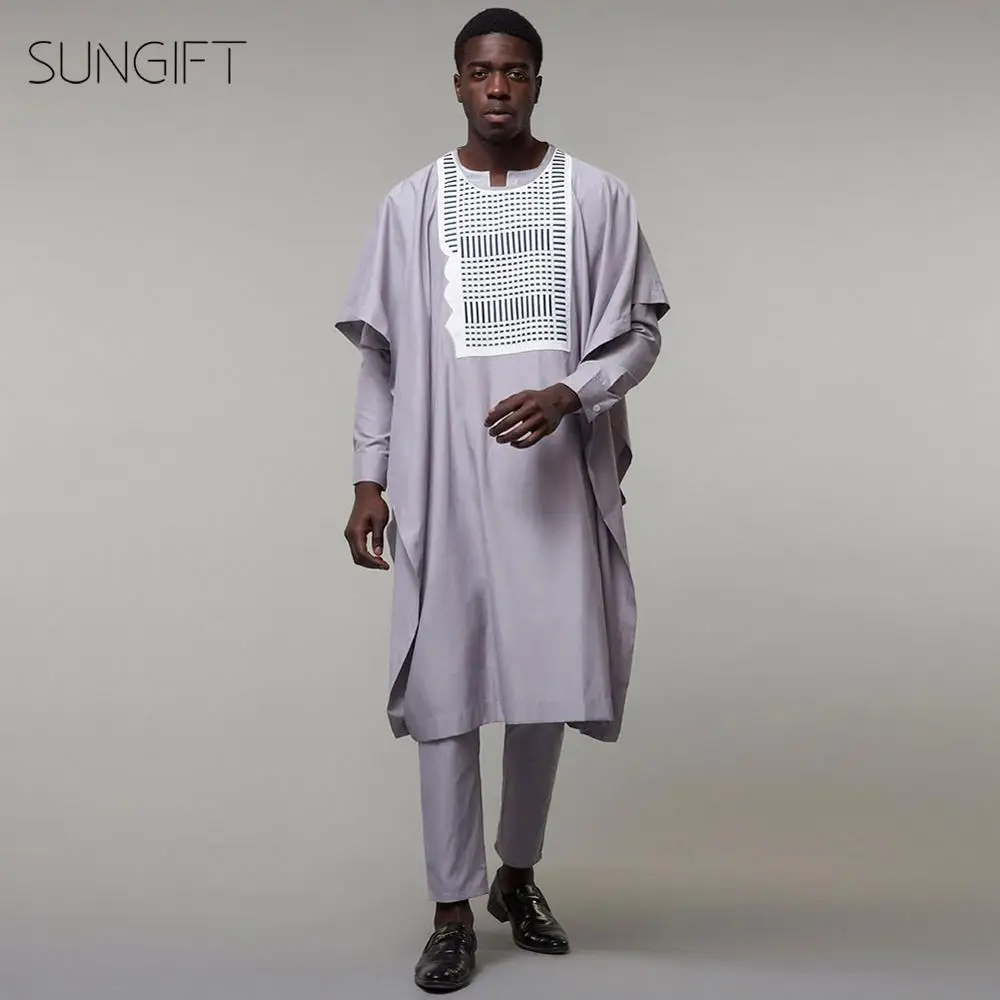 SUNGIFT Мужская африканская Обычная круглая горловина Agbada Топ dashiki серые рубашки