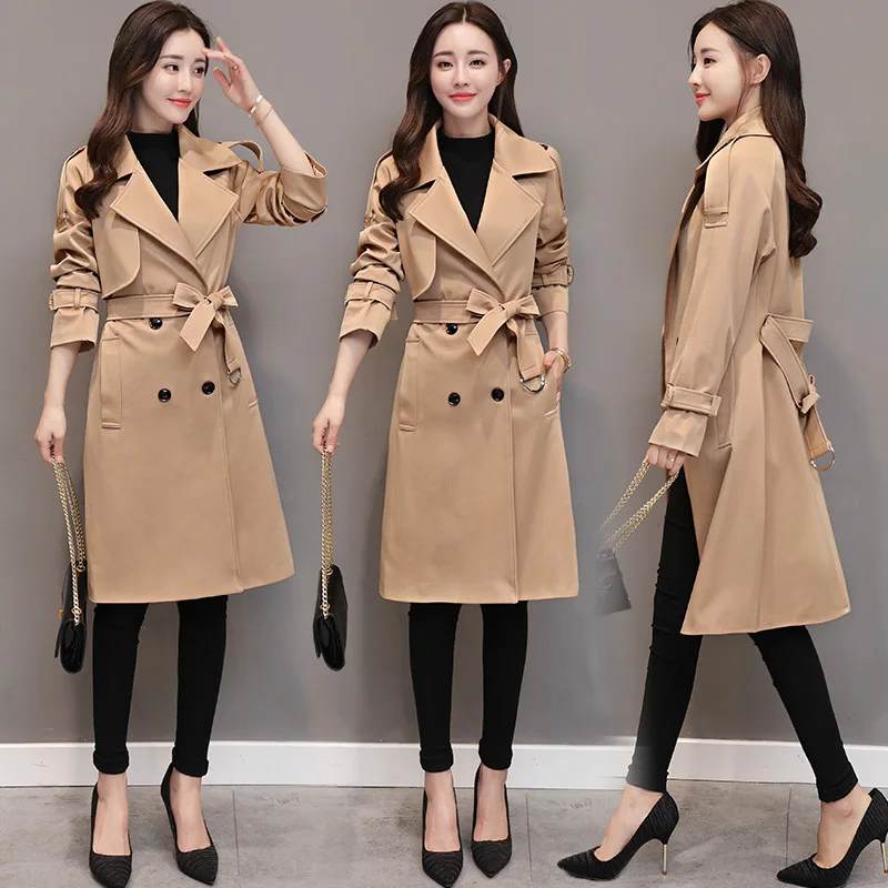 

Spring Autumn Fashion Windbreaker Coats Women's Elegant Overcoat Double Breasted Belted Slim Long Trench Coat Lady Long Windbrea