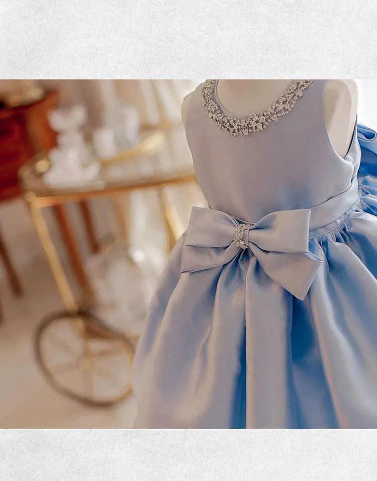Toddler Blue Satin Baby Baptism Dress Bead Princess Infant Wedding Gown Big Bow 1 Year Girl Birthday Kids Party Wear | Детская одежда и