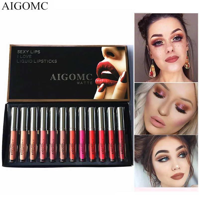 AIGOMC 12 шт./компл. жидкая матовая губная помада стойкий водостойкий блеск для губ