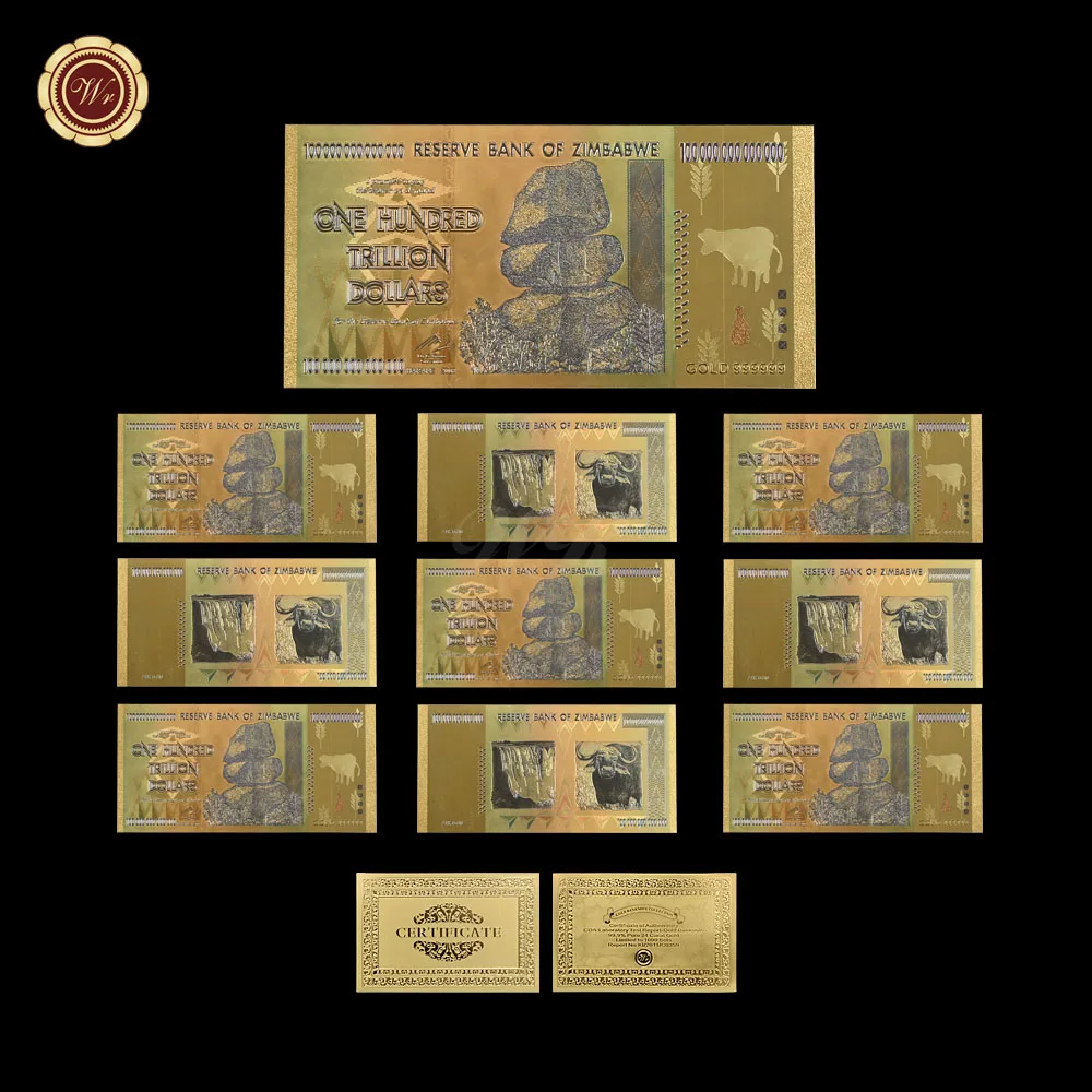 10 шт. WR золотые банкноты красочные Зимбабве 100 триллиона копия доллара Money с Cerfiticate