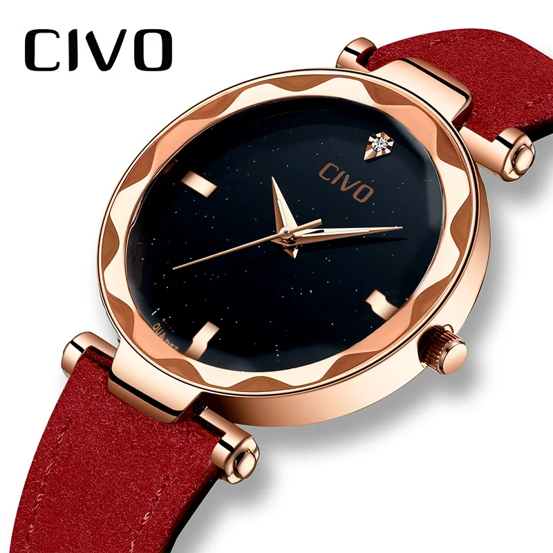 CIVO красные женские часы из натуральной кожи Quarts модные элегантные наручные