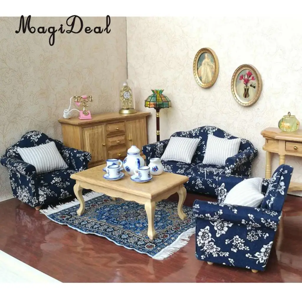 

7 Pieces Wooden Floral Sofa Cushions Kit for 1/12 Scale Dolls House Miniature Furniture Decoration Kids Child Pretend Play Toys