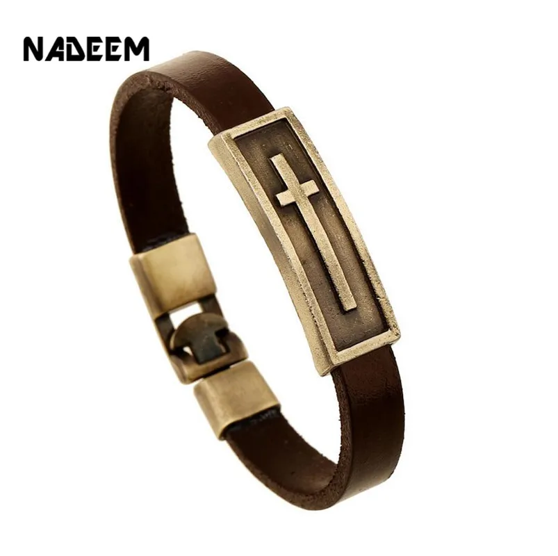 

NADEEM Fashion Cross Charm Brown Leather Bracelet Men Male Vintage Punk Cross Charm Cuff Bracelet Bangle Jewelry Pulse