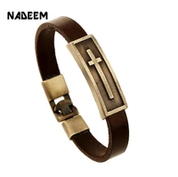 nadeem fashion cross charm brown leather bracelet men male vintage punk cross charm cuff bracelet bangle jewelry pulse