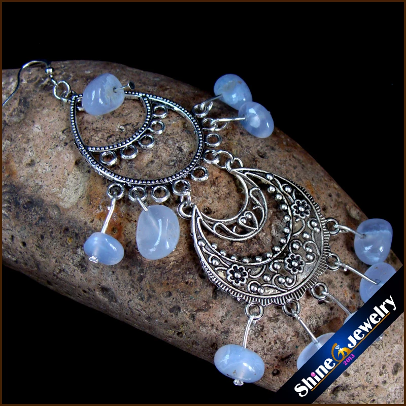 Женские винтажные серьги в тибетском стиле длинные висячие с натуральным синим