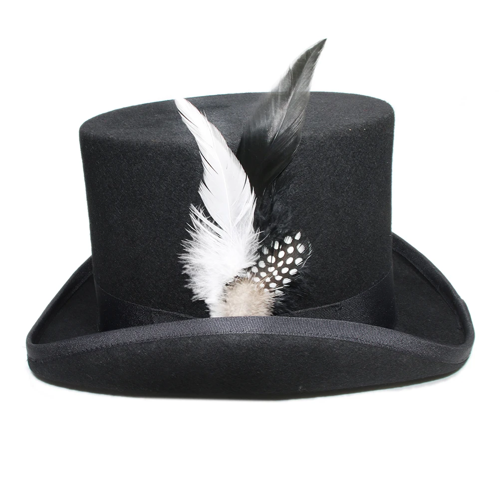 

LUCKYLIANJI 4 Sizes Women's Men's Unisex's High Round Flat Top Feather Wool Felt Magician President Lincoln Gentleman Bowler Hat