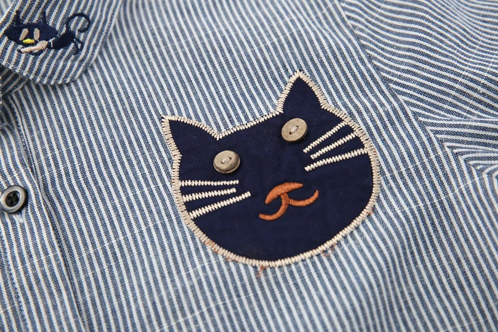 Фото Spring New Collection Cotton Blouse Long Sleeve Striped Shirt With Cat Embroidered Женская одежда Spring New Collection Cotton Blouse Long Sleeve Striped Shirt With Cat Embroidered Женская одежда