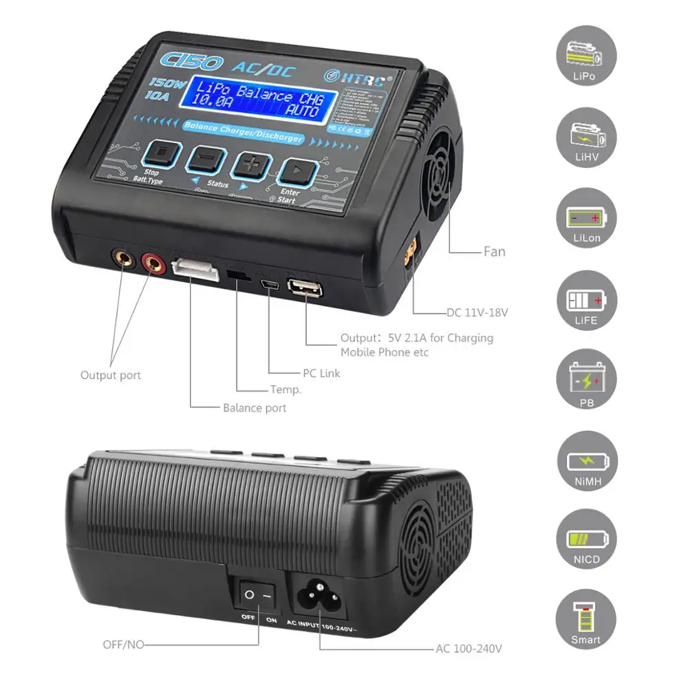 HTRC C150 RC Зарядное устройство переменного/постоянного тока 150 Вт 10А для LiPo LiHV LiFe Lilon NiCd NiMh Pb Умное разрядное устройство для аккумуляторов с балансировкой.