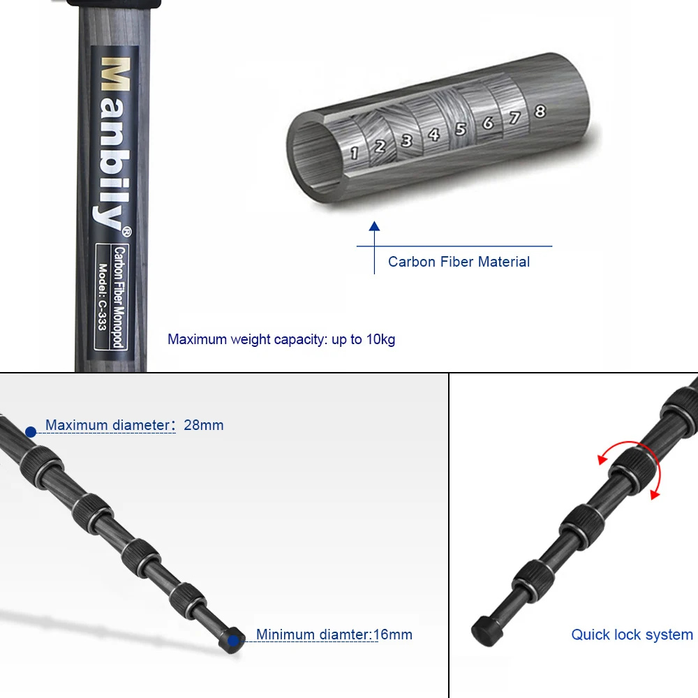 5-секционный Телескопический карбоновый монопод для цифровой зеркальной камеры