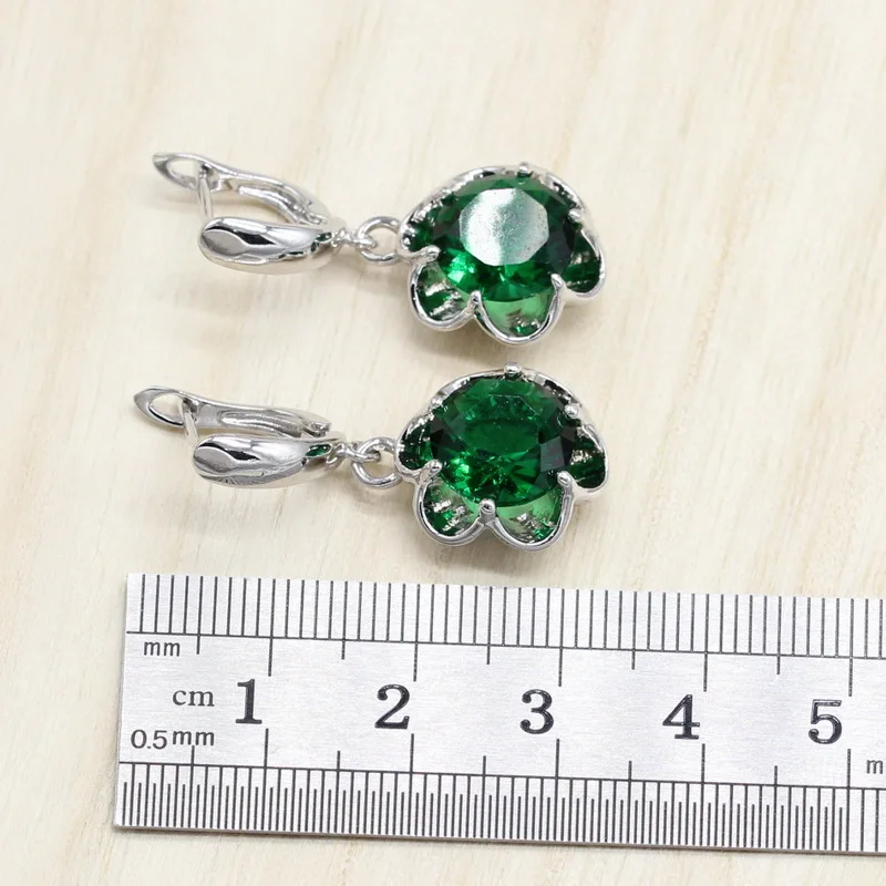 Серебро 925 ювелирные изделия Костюм Свадебные Ювелирные наборы зеленый цирконий серьги для женщин кольца кулон ожерелье набор подарочная коробка