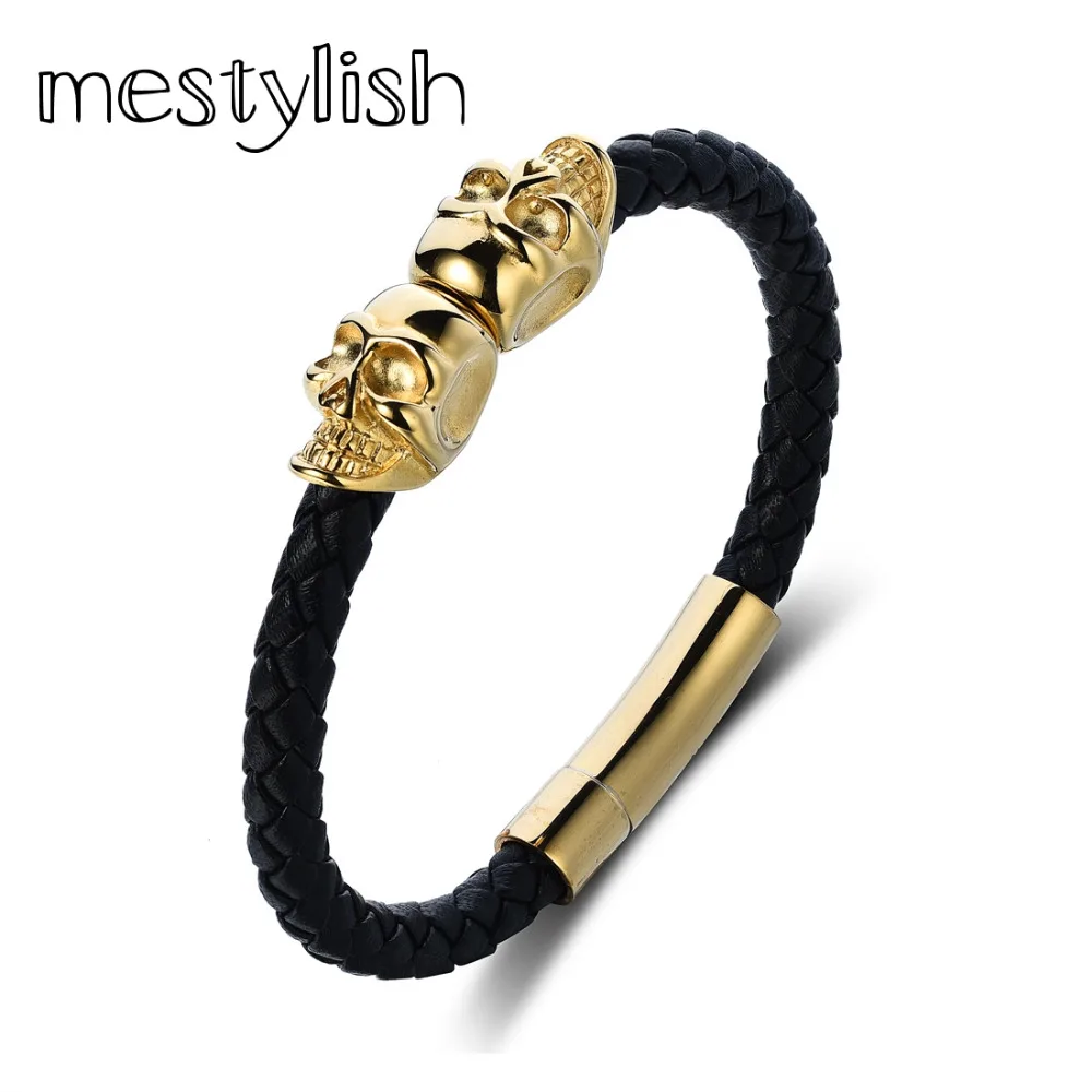 Mestylish Черный натуральной кожи наппа Нержавеющая сталь черный/золотой/серебряный цвета twin череп браслет браслеты для мужчин Для женщин украшения подарок