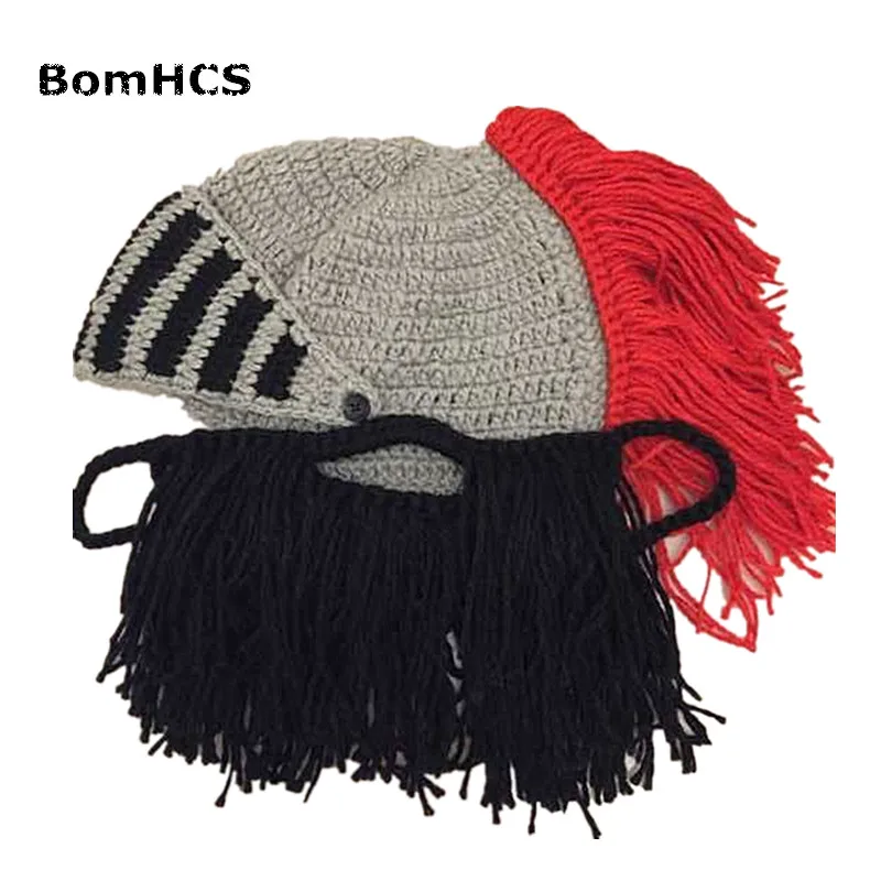 BLACK BEARD BomHCS забавные зимние теплые шапки с бородой для косплея Римский рыцарь вязаный шлем оригинальные варварские шапочки ручной работы мужские шапки - Цвет: BLACK BEARD