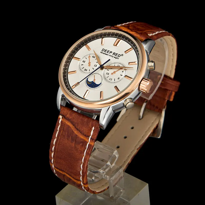 Мужские кварцевые часы DEEPRED с кожаным ремешком и золотым чехлом|watch men|watch men leatherwatch