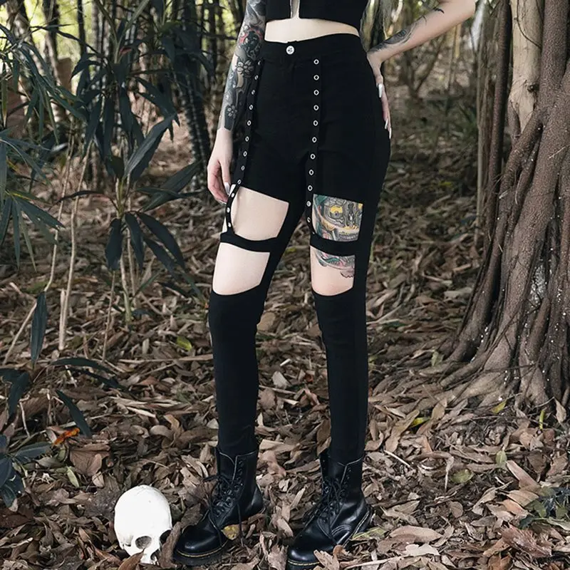 Женские обтягивающие брюки-карандаш Goth повседневные Черные Облегающие брюки в