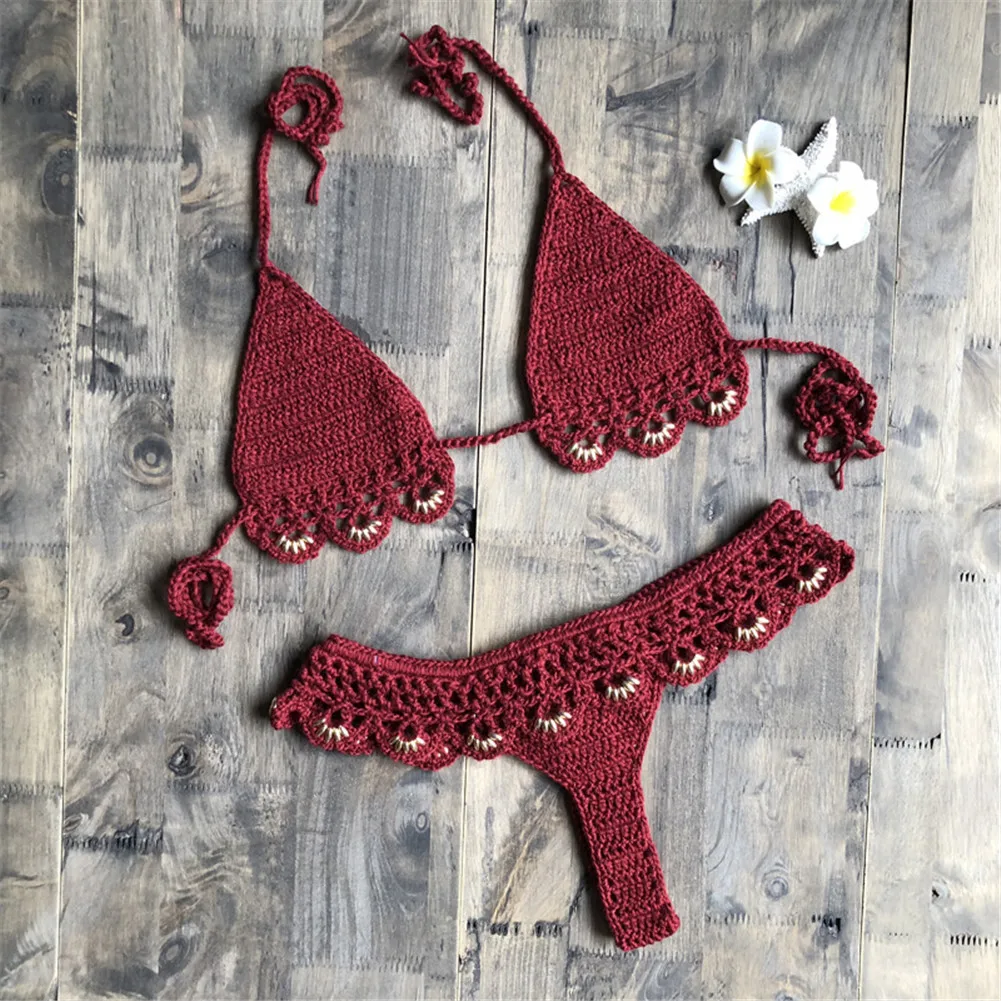 Women Push-up Strappy Knit Crochet Padded Bra Bandage Bikini Set Swimsuit Triangle Thong Bottoms Swimwear Summer Bathing