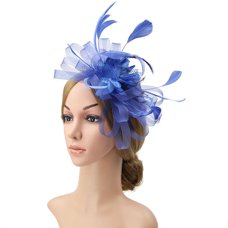 blue Шляпа Свадебная королевские шляпы цветок Pamelas Y Sombreros Para Bodas перья шляпка для церкви Зажимная лента шляпа для банкета Свадебная Тиара - Цвет: blue
