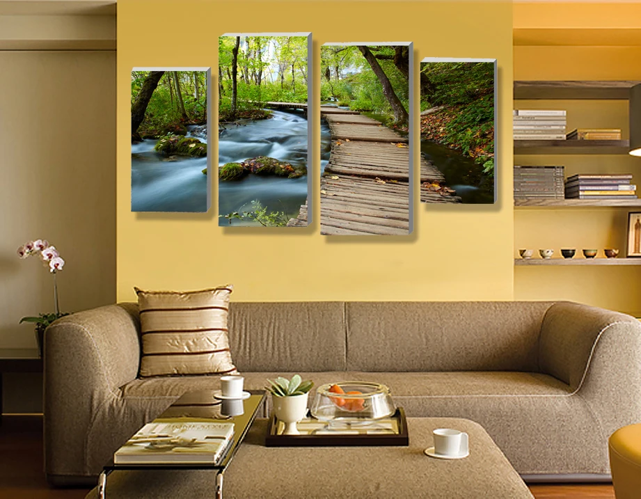 4 Панель наборы Красивый водопад пейзажная живопись цветы современные картины на