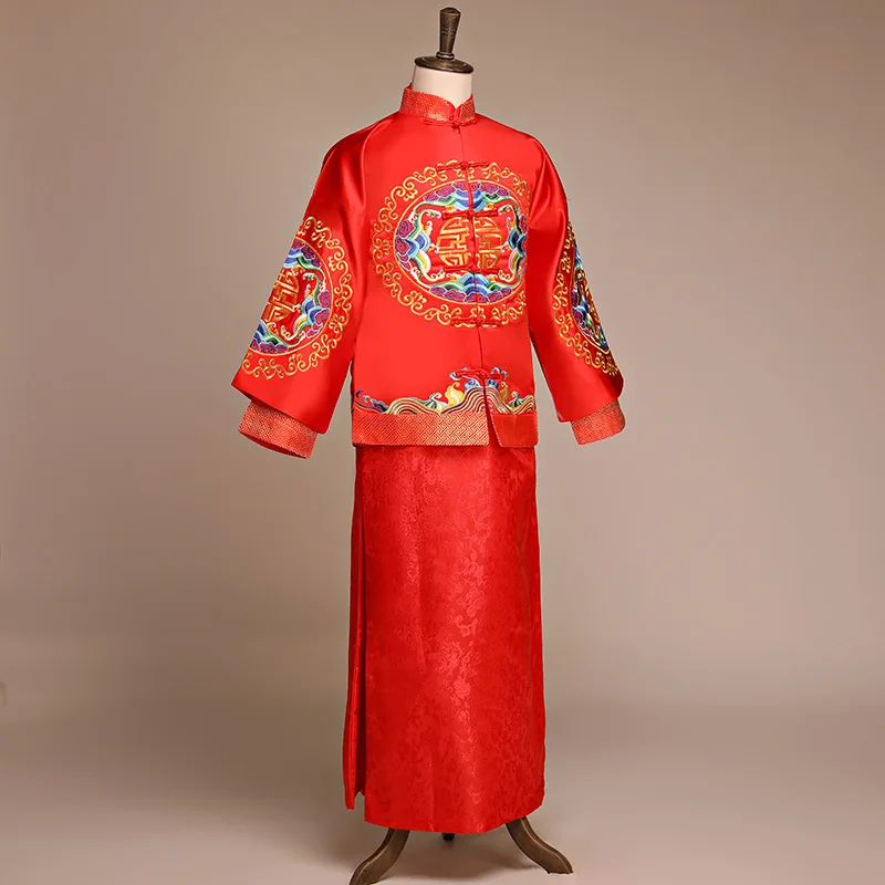Высокое качество Мужская Свадебная одежда Тан 2 шт. топ и юбка Hanfu Китайская традиционная вышивка дракон Жених Свадебный костюм