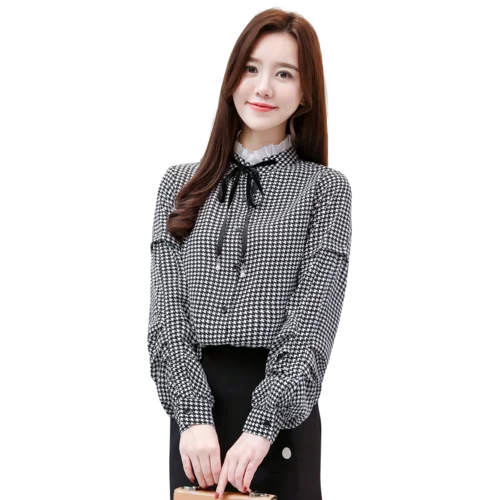 

Houndstooth Shirt Women Full Sleeve Chiffon Blouse Stand Collar Fashion Ruffle Blouses Loose Plaid Blouse With Bow Ladies Shirts