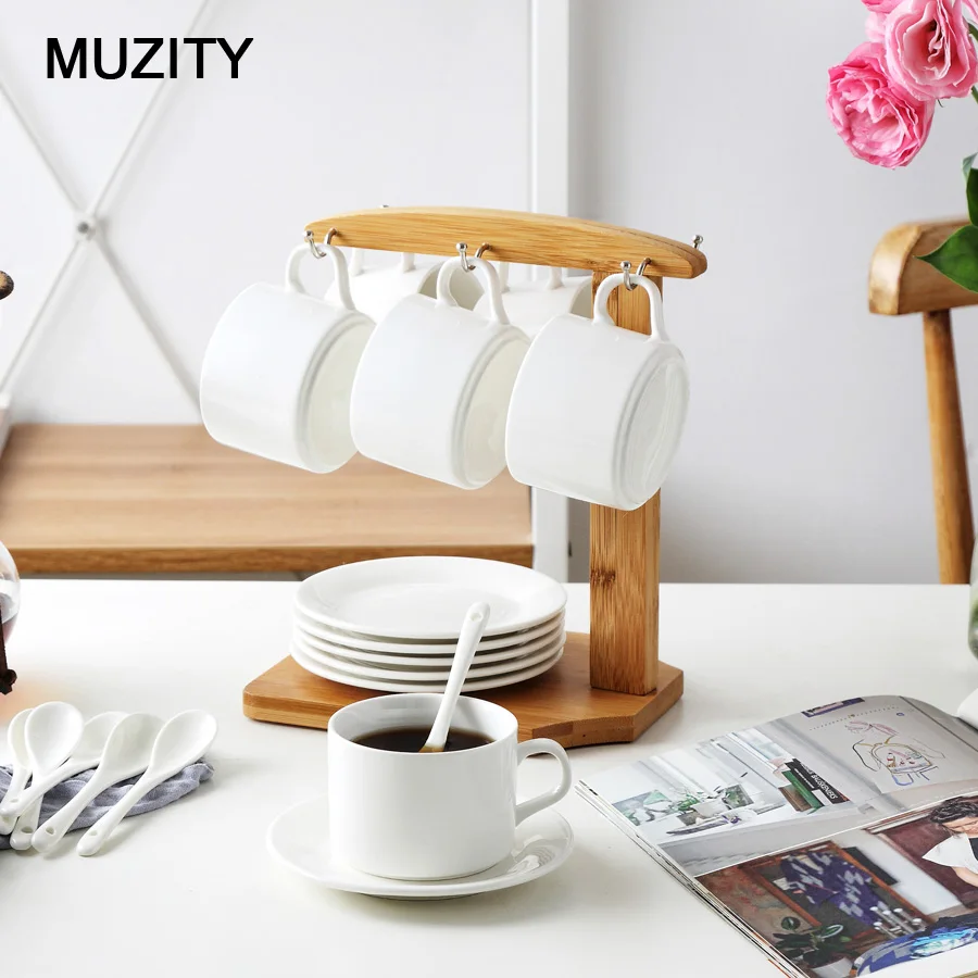 Керамические чайные чашки и блюдца MUZITY набор белых кофейных чашек с бамбуковым