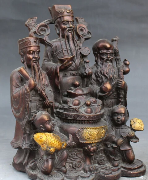 Китайская Бронзовая позолота 3 Бог долголгия Фу Лу Шу два мальчика Девочка