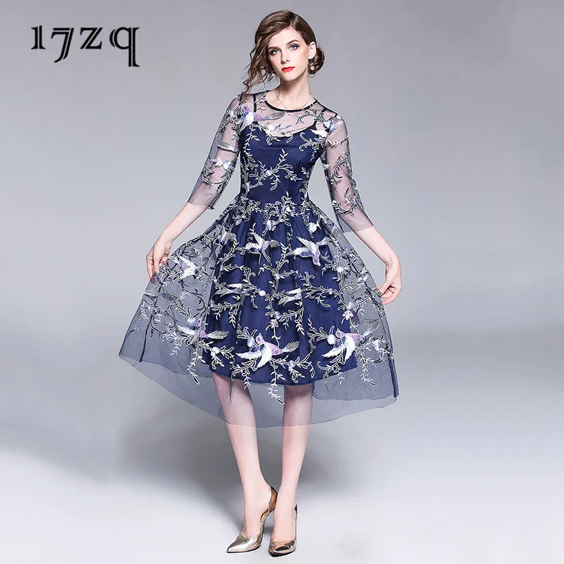 

17zq Summer Sleeve Dress Temperament Female Mesh Embroidered O-Neck Three Quarter Dress Personality Fashion Women Dress D5295