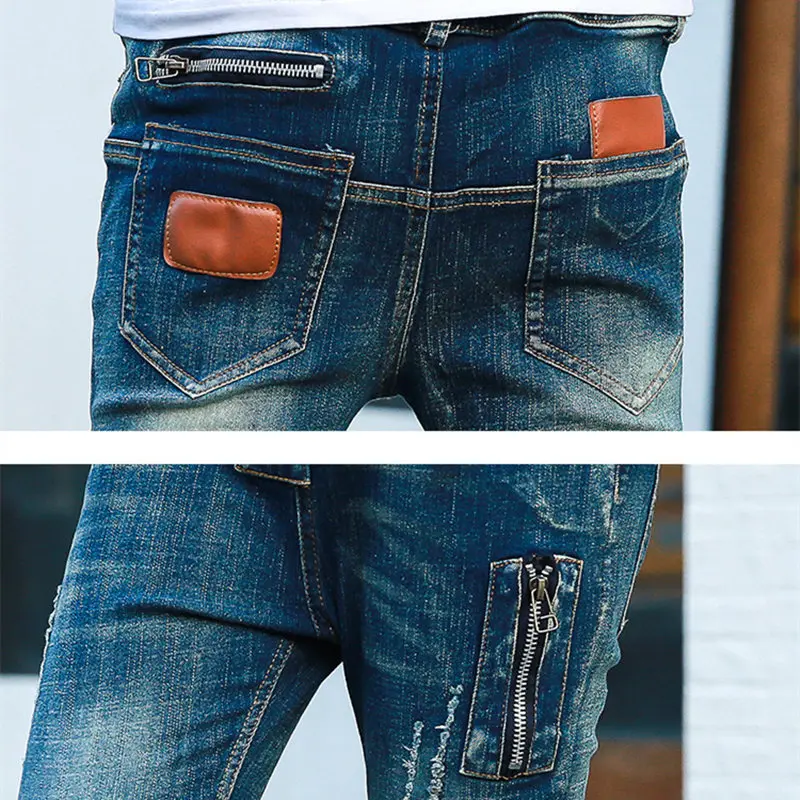 Джинсы для мальчиков-подростков джинсовые рваные штаны с потертостями кожаные